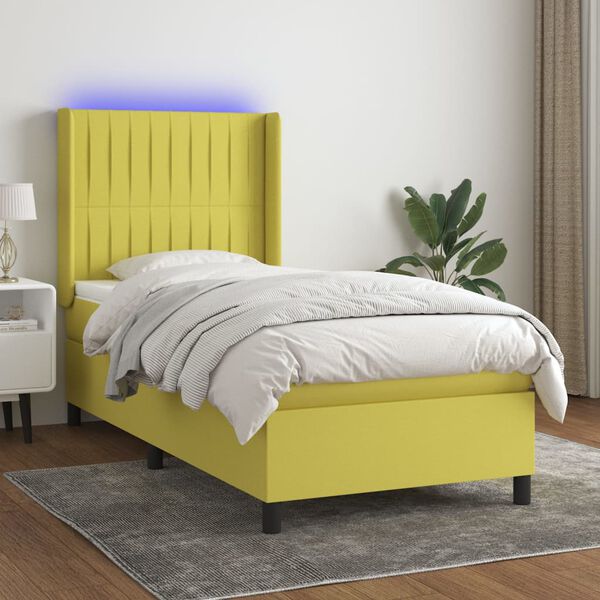 vidaXL Pat cu arcuri, saltea și LED, verde, 80x200 cm, textil