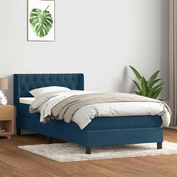 vidaXL Pat box spring cu saltea, albastru &icirc;nchis, 100x220 cm, catifea