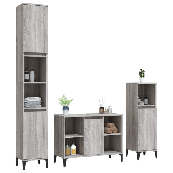 vidaXL Set mobilier de baie, 3 piese, gri sonoma, lemn prelucrat