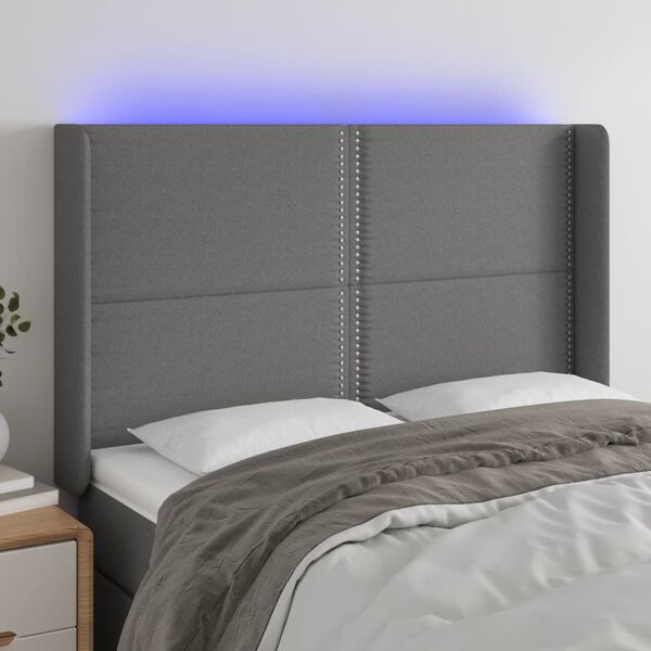 vidaXL Tăblie de pat cu LED, gri &icirc;nchis, 147x16x118/128 cm, textil