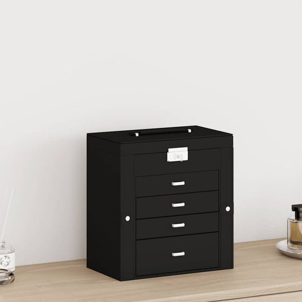 vidaXL Cutie de bijuterii cu 5 straturi cu oglindă &icirc;ncuiată neagră