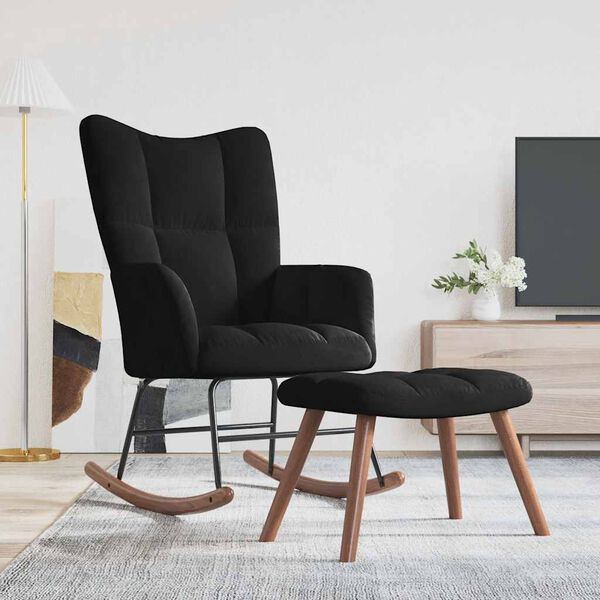 vidaXL Scaun balansoar cu taburet, negru, catifea