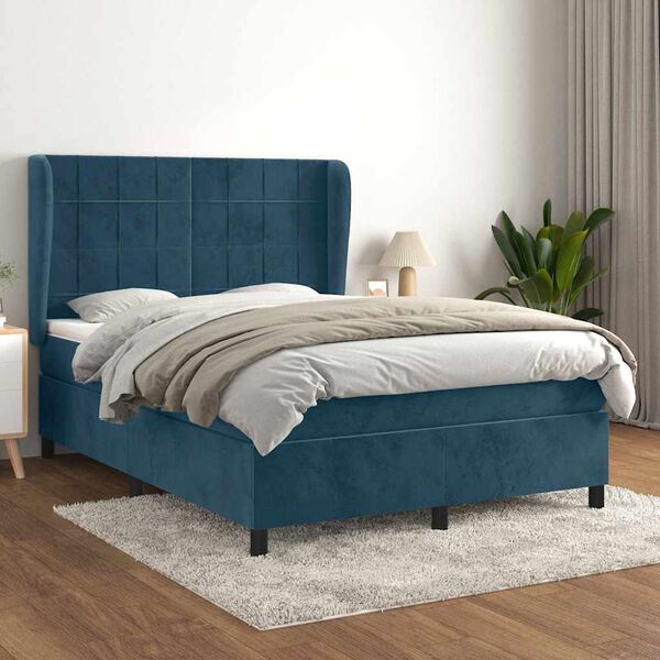 vidaXL Pat box spring cu saltea, albastru &icirc;nchis, 140x190 cm, catifea