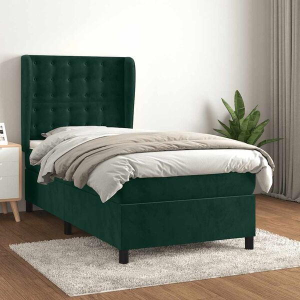 vidaXL Pat box spring cu saltea, verde &icirc;nchis, 80x200 cm, catifea