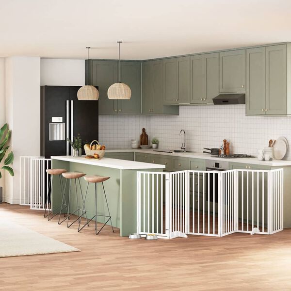 vidaXL Poartă c&acirc;ini pliabilă cu ușă, 9 panouri, alb, 450 cm, lemn plop