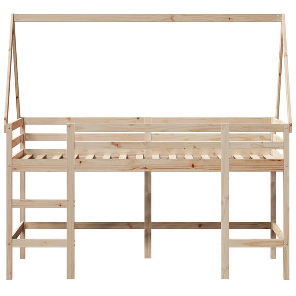 vidaXL Pat etajat cu scară și acoperiș, alb, 90x200 cm, lemn masiv pin