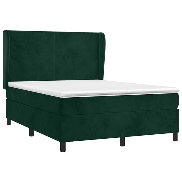 vidaXL Pat box spring cu saltea, verde &icirc;nchis, 140x190 cm, catifea