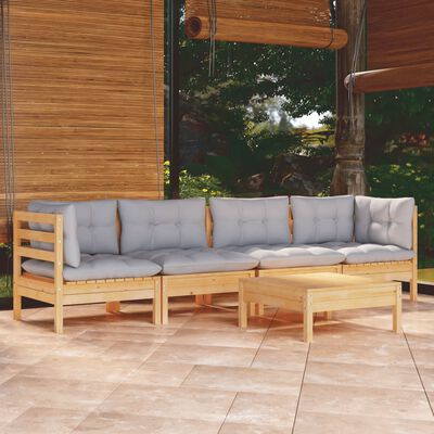 vidaXL Set mobilier grădină cu perne gri, 5 piese, lemn masiv de pin