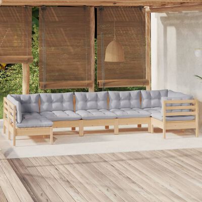 vidaXL Set mobilier grădină cu perne, 7 piese, gri, lemn masiv pin