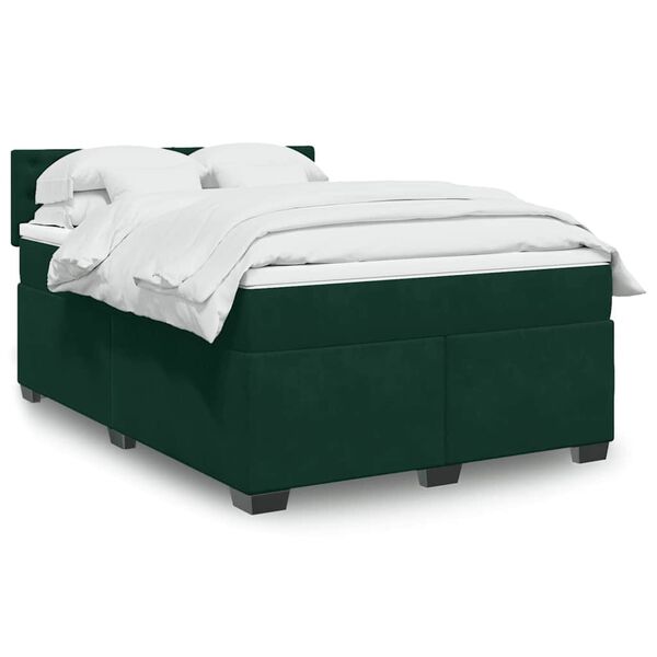 vidaXL Pat box spring cu saltea, verde &icirc;nchis, 140x200 cm, catifea