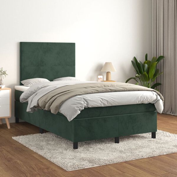 vidaXL Pat box spring cu saltea, verde &icirc;nchis, 120x190 cm, catifea