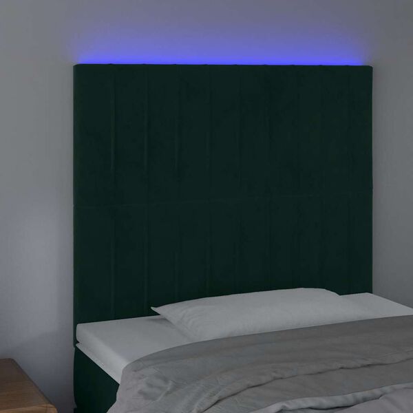 vidaXL Tăblie de pat cu LED, verde &icirc;nchis, 80x5x118/128 cm, catifea
