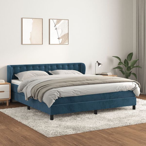 vidaXL Pat box spring cu saltea, albastru &icirc;nchis, 180x200 cm, catifea