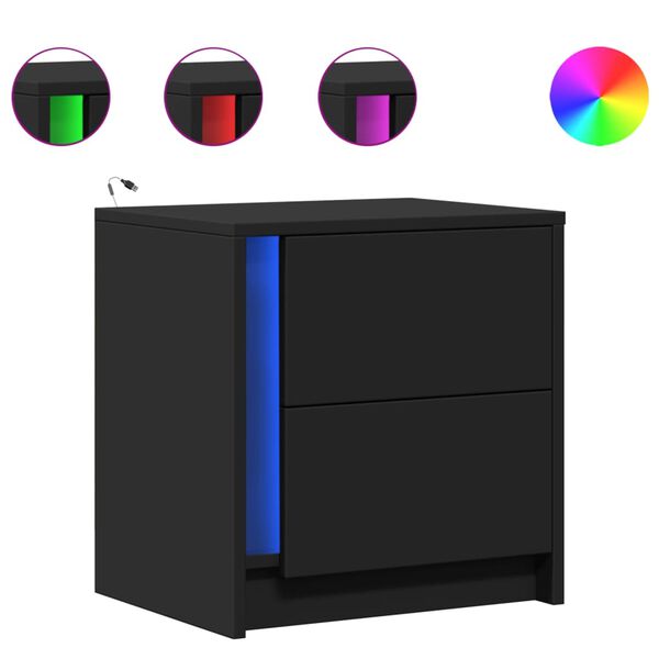 vidaXL Noptiere cu lumini LED, 2 buc., negru, lemn prelucrat