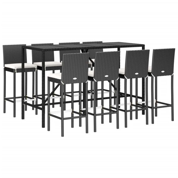 vidaXL Set mobilier bar de grădină cu perne, 9 piese, negru, poliratan