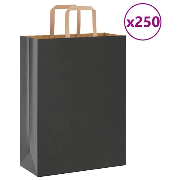 vidaXL Pungi de h&acirc;rtie 250 buc cu m&acirc;nere negre 26x12x35 cm