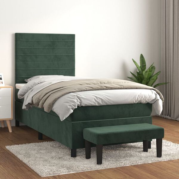 vidaXL Pat box spring cu saltea, verde &icirc;nchis, 100x200 cm, catifea