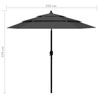vidaXL Umbrelă de soare 3 niveluri, stâlp de aluminiu, antracit, 2,5 m