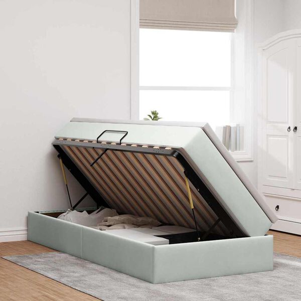 vidaXL Pat cu saltea și spațiu de depozitare Gri deschis 90 x 200 cm