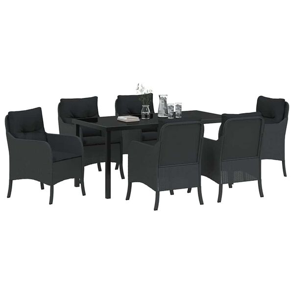 vidaXL Set de masă pentru grădină cu pernă 7 pcs Negru poliratan