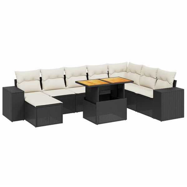 vidaXL Set mobilier de grădină cu perne, 9 piese, negru, poliratan