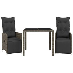 vidaXL Set bistro de grădină cu perne, 3 piese, gri, poliratan