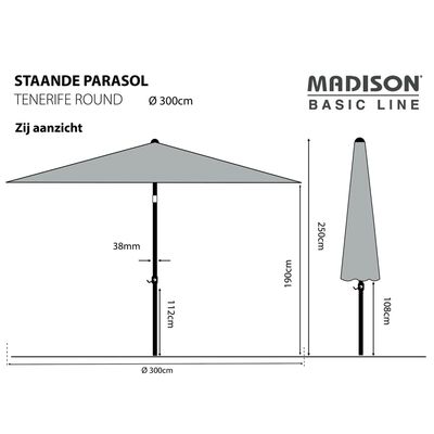Madison Umbrelă de soare Tenerife, gri, 300 cm, rotund