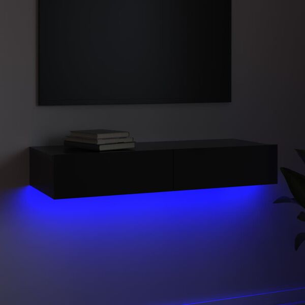 vidaXL Comodă TV cu lumini LED, negru extralucios, 90x35x15,5 cm