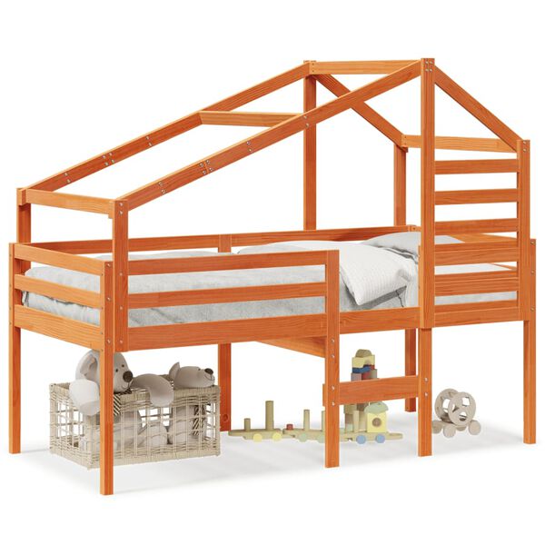 vidaXL Pat &icirc;nalt cu acoperiș, maro ceruit, 75x190 cm, lemn masiv pin