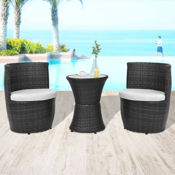 vidaXL Set mobilier bistro cu perne, 3 piese, negru, poliratan