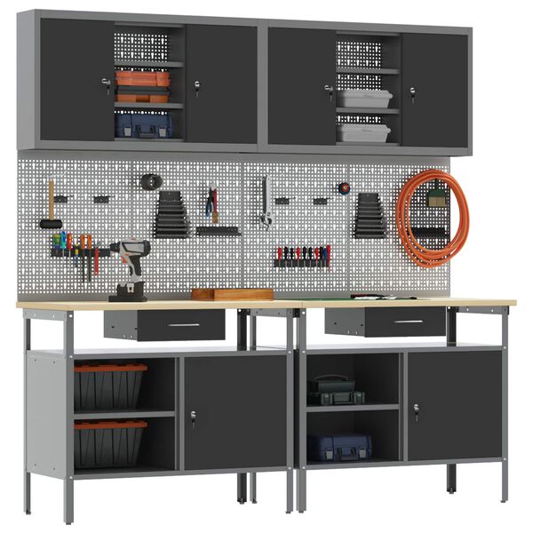 vidaXL Set banc de lucru 8 pcs Roșu și gri Oțel vopsit electrostatic