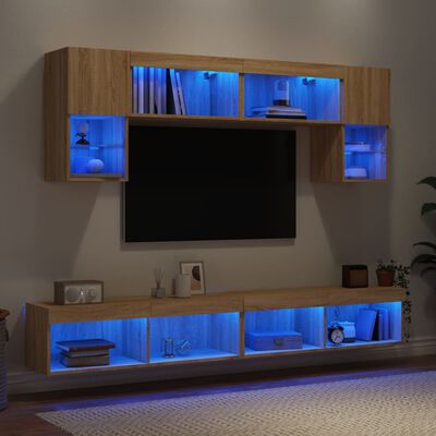 vidaXL Unități de perete TV cu LED-uri, 6 piese, stejar sonoma, lemn