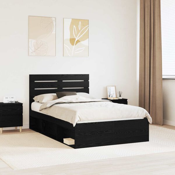 vidaXL Cadru de pat cu headboard Negru 135 x 190 cm Lemn de pin masiv