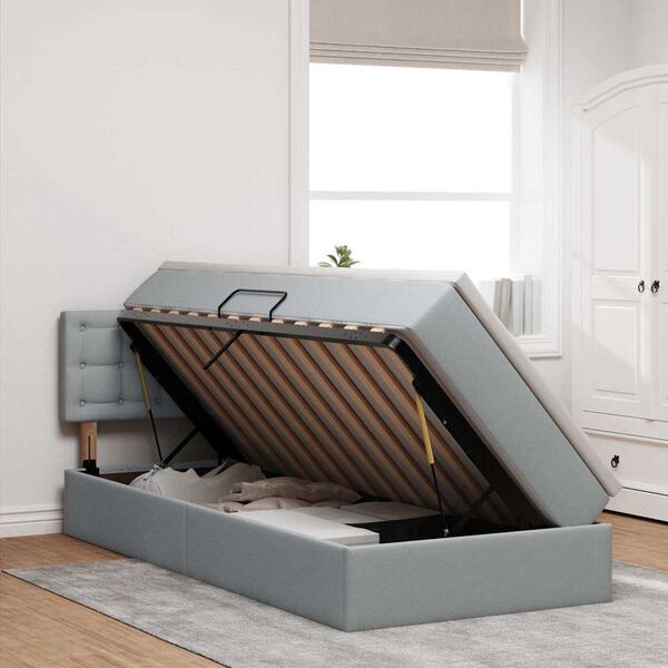 vidaXL Pat cu saltea și LED cu saltea Gri deschis 90 x 200 cm țesătură