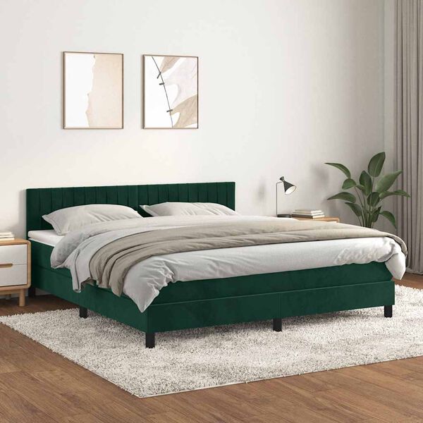 vidaXL Pat box spring cu saltea, verde &icirc;nchis, 180x200 cm, catifea