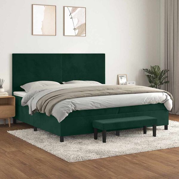 vidaXL Pat box spring cu saltea, verde &icirc;nchis, 200x200 cm, catifea