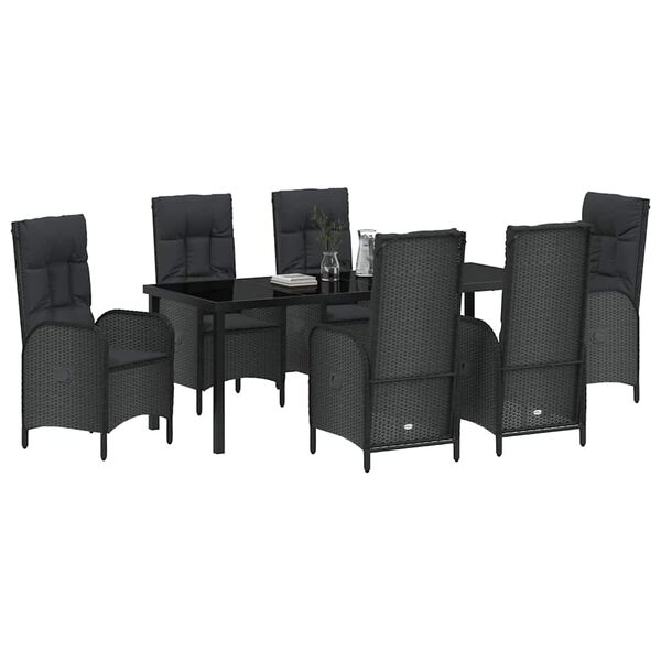 vidaXL Set de masă pentru grădină cu pernă 7 pcs Negru poliratan