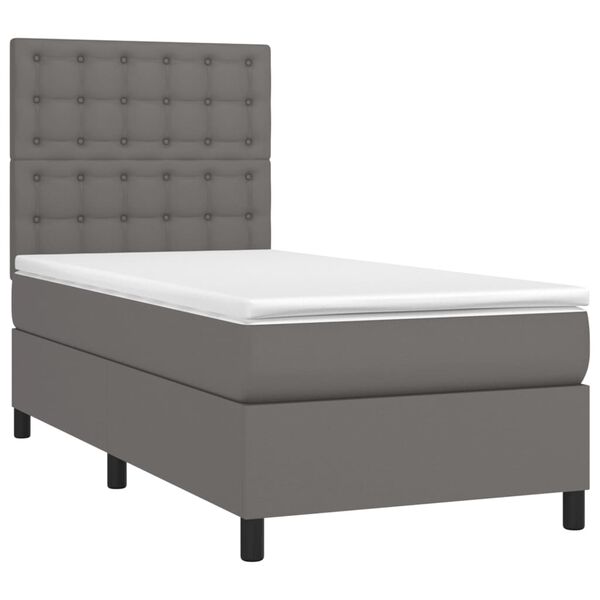 vidaXL Pat box spring cu saltea, gri, 90x200 cm, piele ecologică
