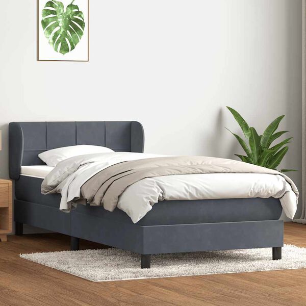 vidaXL Pat box spring cu saltea, gri &icirc;nchis, 100x210 cm, catifea