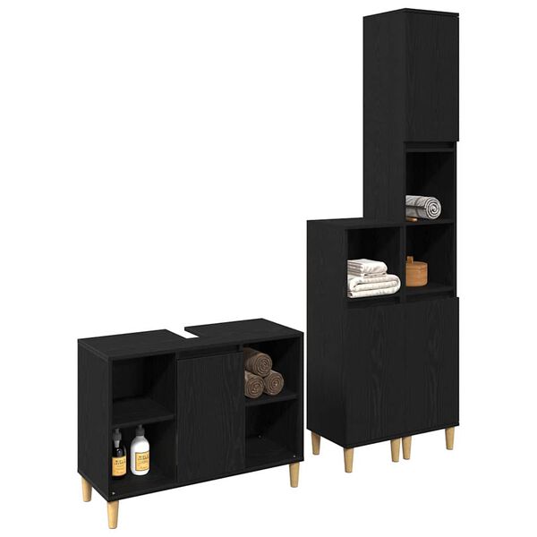 vidaXL Set de mobilier pentru baie cu ușă 3 pcs Negru Lemn compozit