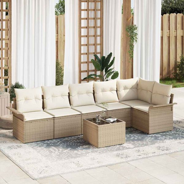 vidaXL Set de canapele pentru grădină cu pernă 7 pcs Bej Rattan poli