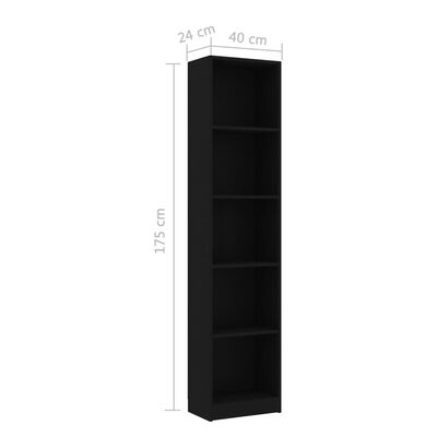 vidaXL Bibliotecă cu 5 rafturi, negru, 40x24x175 cm, PAL
