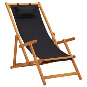 vidaXL Scaun pliabil din lemn masiv de eucalipt și material textil negru
