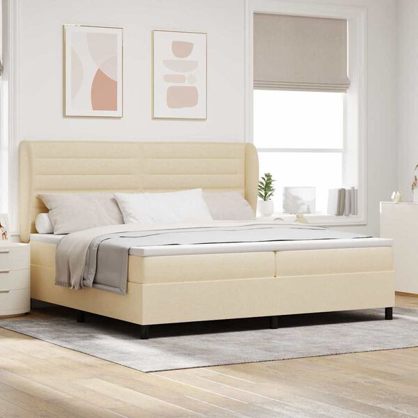 vidaXL Pat cu arcuri cu saltea cu headboard Crem 200 x 200 cm țesătură