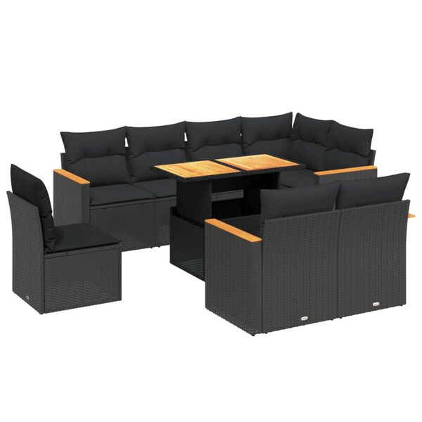 vidaXL Set mobilier de grădină cu perne, 9 piese, negru, poliratan
