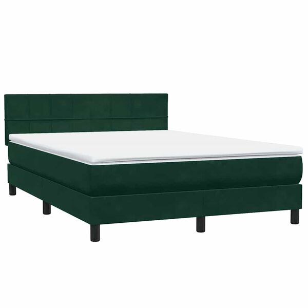 vidaXL Pat box spring cu saltea, Verde &icirc;nchis, 140x210 cm, catifea