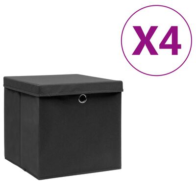 vidaXL Cutii depozitare cu capac, 4 buc., negru, 28x28x28 cm