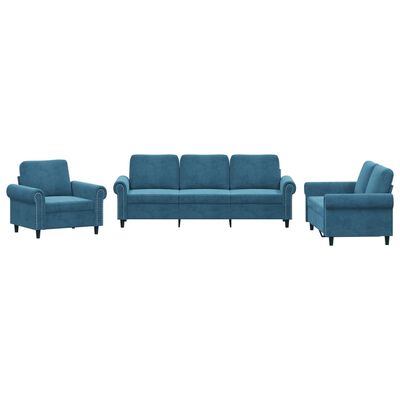 vidaXL Set de canapele cu perne, 3 piese, albastru, catifea