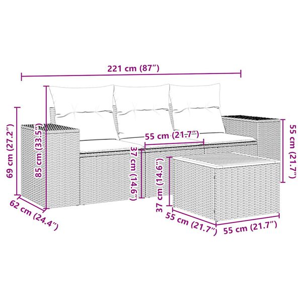 vidaXL Set mobilier de grădină cu perne, 4 piese, negru, poliratan