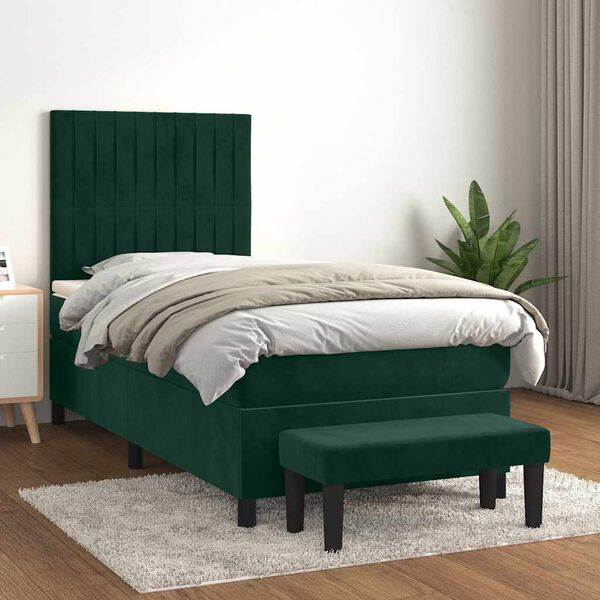 vidaXL Pat box spring cu saltea, verde &icirc;nchis, 90x190 cm, catifea